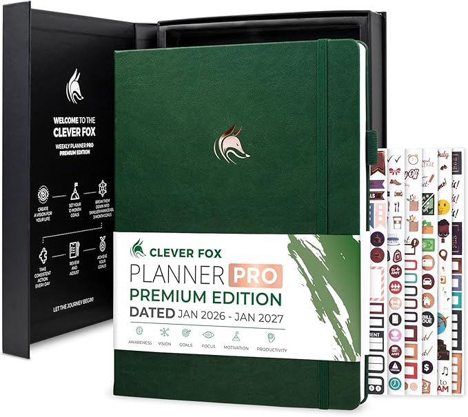 Clever Fox Planner PRO Premium Jan 2026-Jan 2027 – Luxurious Weekly, Monthly & Budget Agenda Organizer for Productivity & Reaching Goals, A4 Hardcover + Keepsake Box – Forest Green