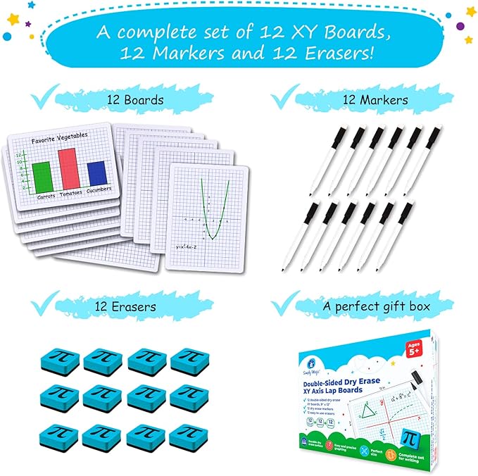 Simply Magic 12 Pack Double-Sided Dry Erase Graph Lap Boards - Class Set of Individual Classroom Whiteboards for Students, XY Axis Graphing Lap Boards - Math Teacher Supplies for Classroom - 12''x9''
