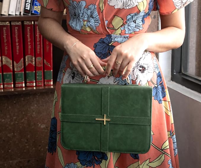 Bible Cover (U.S. Patent Pending), Discreet & Elegant Bible Case, Green PU Leather Bible Cover, Cross Design Bible Bags, Strong and Sturdy Book Case, Includes Premium Bookmark