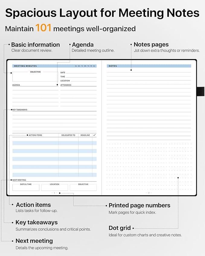 WEMATE Meeting Notebook for Work, Work Planner Notebook With Action Items, B5 Size Project Planner, Easily Take Meeting Notes & Keep Agendas on Track, Calender, Index Page, Inner Pocket, 7×10 Inch, Black