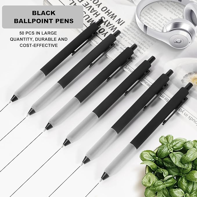 50 Pcs Black Pens, 1.0mm Retractable Ballpoint, Fine Point Smooth Pens with Soft Grip, Office Pen School Supplies for Writing