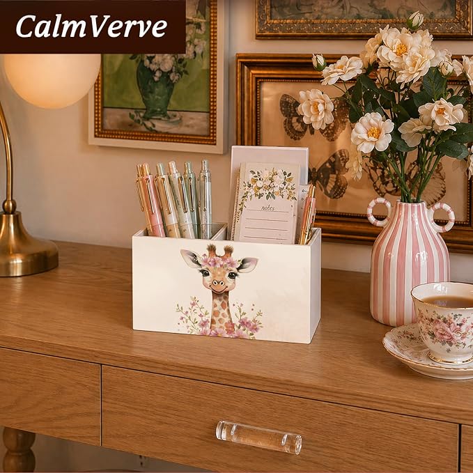 Giraffe Flower Pen Pencil Holder for Desk Giraffe Gifts for Women, Cute Gifts for Women Teen Girls，Cottagecore Wooden Box Sign Decorations for Girls Room Bedroom Home Office Desk Tabletop