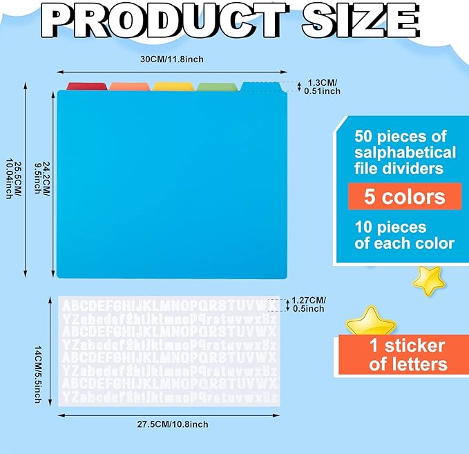 51 Pcs Top Tab File Guides Alphabetic File Dividers Alphabet Sticker, a-z 1/5 Tab Dividers for Office Business Classroom Products, Polypropylene, 11.8 x 10 Inch