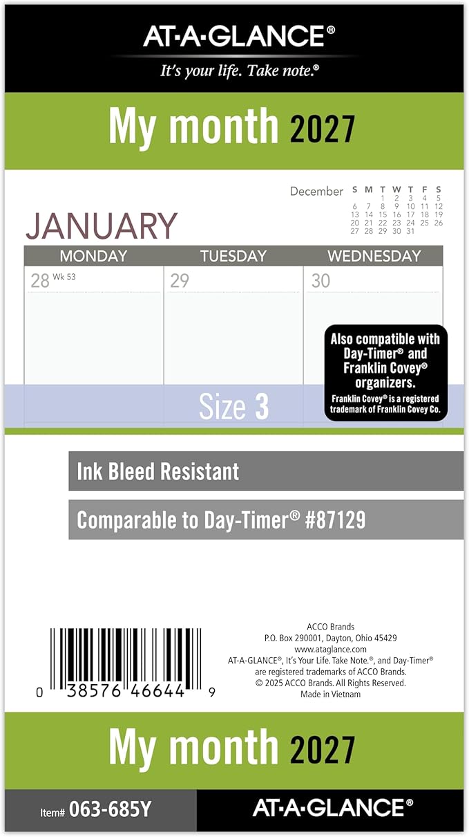 AT-A-GLANCE 2027 Planner Refill, Monthly, 3.75" x 6.75", Portable Size 3, Tabbed, 7-Ring Loose-Leaf (063-685Y-27)
