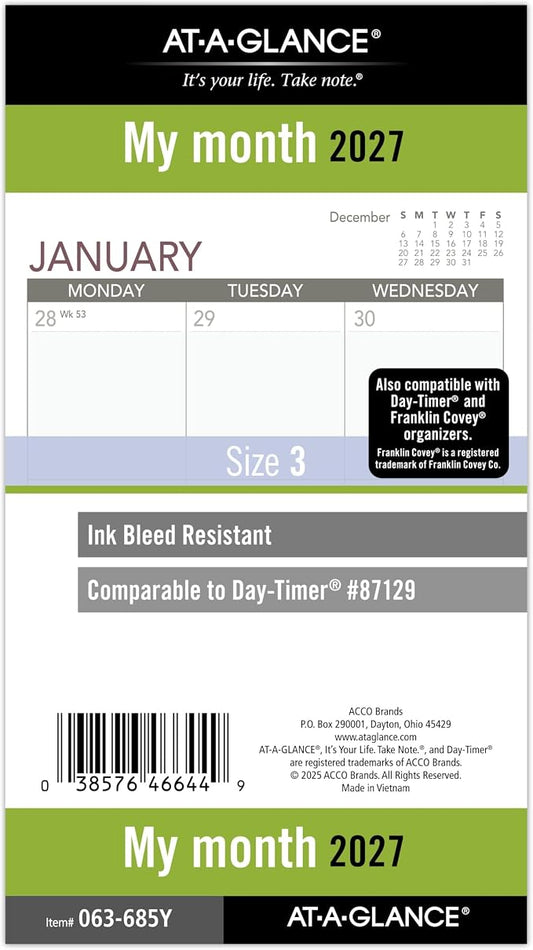 AT-A-GLANCE 2027 Planner Refill, Monthly, 3.75" x 6.75", Portable Size 3, Tabbed, 7-Ring Loose-Leaf (063-685Y-27)