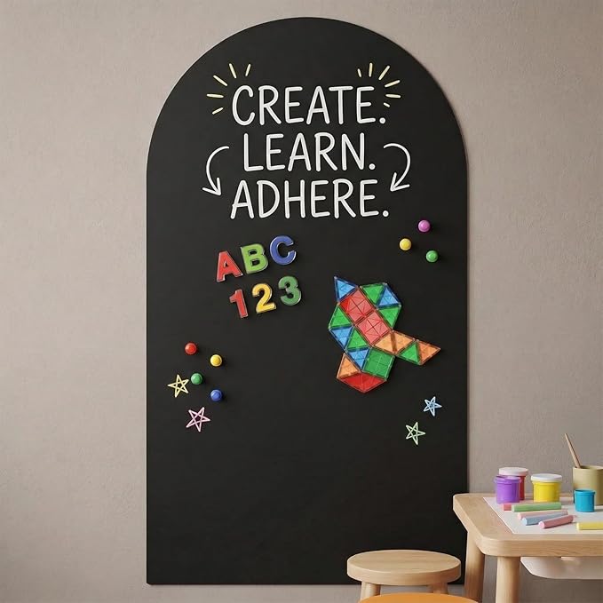 Large Magnetic Chalkboard for Wall: 23.6"x39.4" Arch Decal - Screen-Free Homeschool Board for Kids Spelling & Math, Peel and Stick Magic Play Wall (Black)