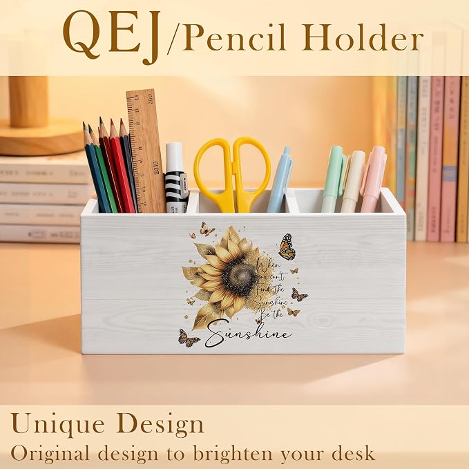 Sunflower Motivational Pen Holder for Desk, Inspirational Gifts for Women, Positive Affirmation Wooden Box Pencil Pen Organizer for Home Office Desk Tabletop