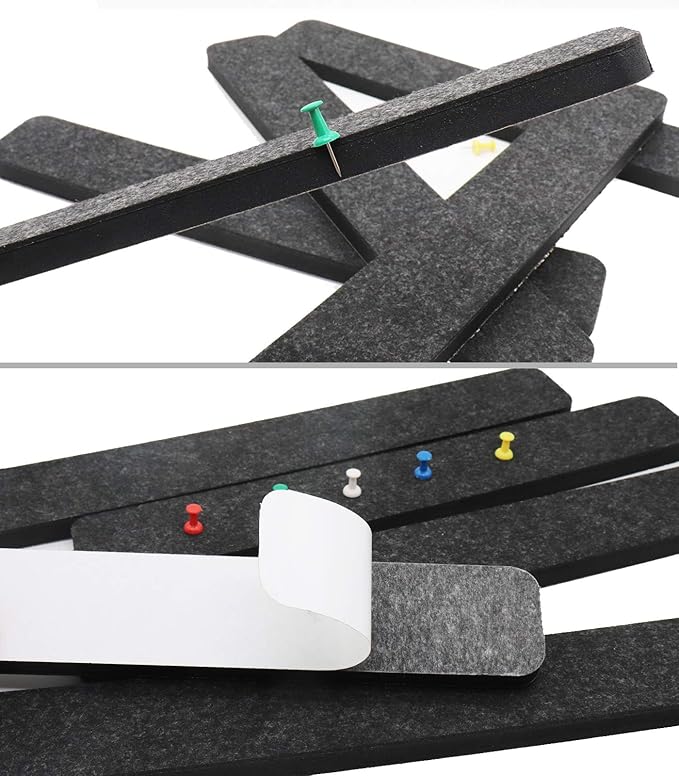 Felt Bulletin Board Bar Strip 0.5 Inch Thick Self-Adhesive Pin Board Bar 13 Inch in Length with 15 Pushpins, 5 Black Bars