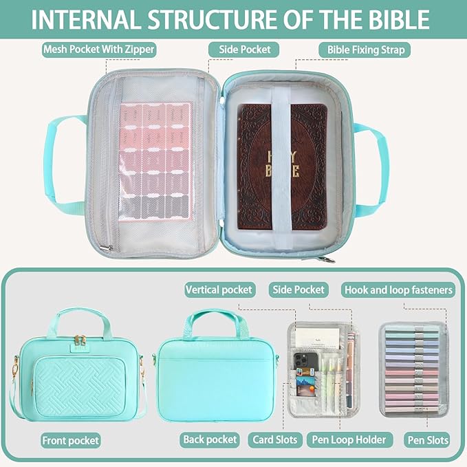 Bible Cover for Women Bible Case, Large Bible Bag, Bible Study Supplies Bible Journaling Kit Book Carrying Case with Bible Highlighters Tabs, Valentines Day Christian Gifts for Women (Blue)