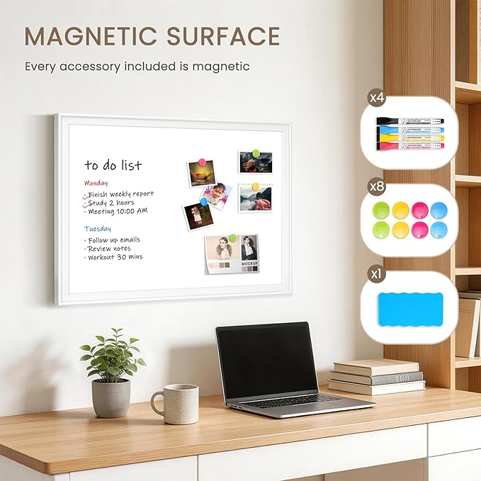White Board for Wall, 24" x 18" Magnetic Dry Erase Board, Decorative Wooden Frame Large Whiteboard, Wall Mounted, Aesthetic Writing Board for Home, Office, School - White