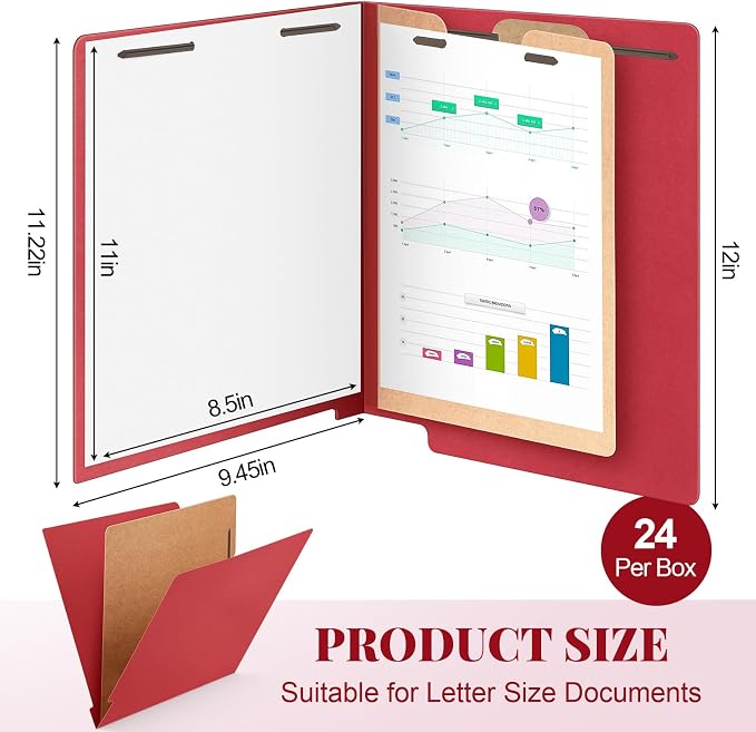 Skyygemm 24 Pack Large Classification Folders, 1 Divider Pressboard File Folder with Fasteners, Expanding File Organizer Bulk for School Teachers, Office Employee, Coworker, Staff(Red)