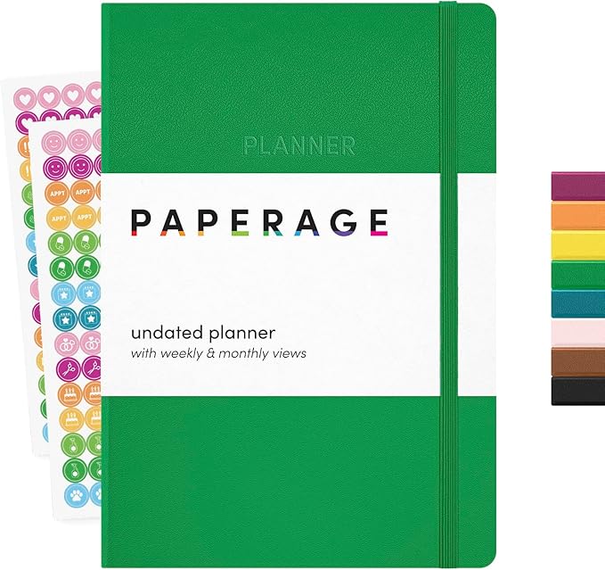PAPERAGE Undated Weekly & Monthly Hardcover Planner (Green), 5.6 in x 8 in, Includes Lined Note Pages & 2 Sticker Sheets