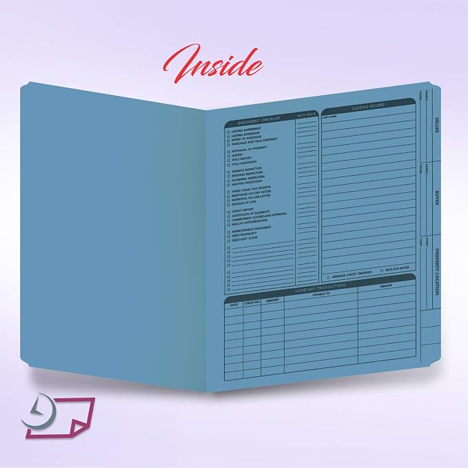 NextDayLabels - Real Estate Listing Folder - Right Panel List, Pre-Printed on Durable Card Stock with Closing Checklist and Color-Coded Dots for Organizing (Blue, Letter Size | Pack of 25)