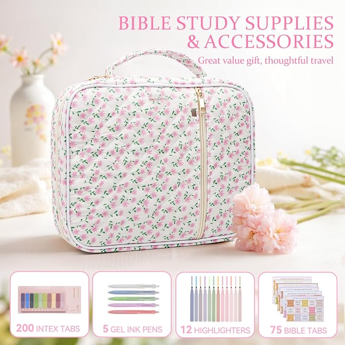 Bible Cover Case for Women Large Quilted Bible Carrying Bag with Handles Bible Study Supplies & Accessories Christian Gifts for Women(Cotton-Purple, M)