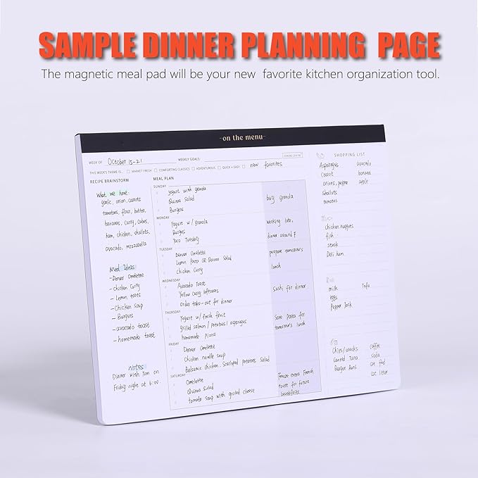 Weekly Meal Planner with Recipes and Grocery List Magnetic Notepad For Fridge - 8.5x11'' Menu Planning Pad With 54 Sheets Tear Off Shopping List For Family Dinner Menu and Meal Prep Planning