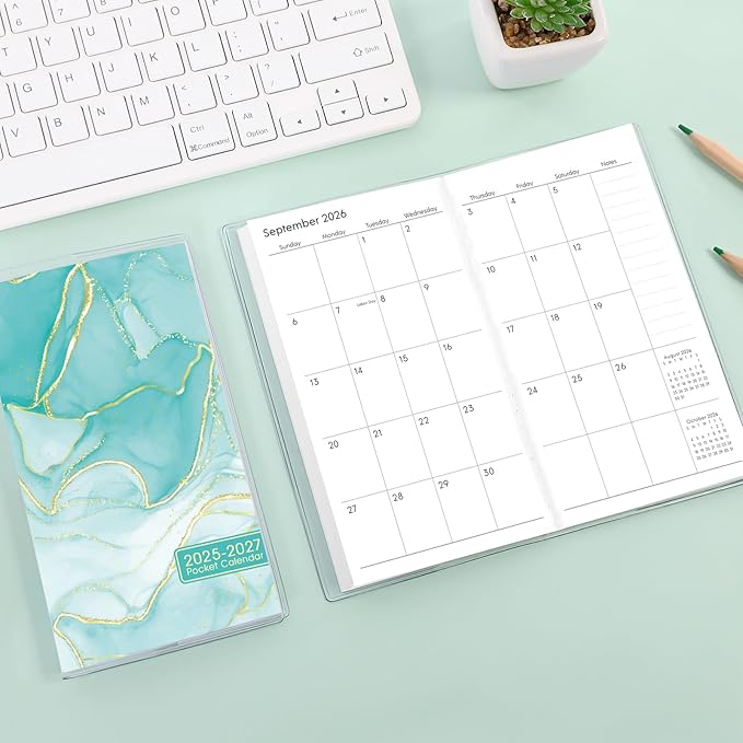 Phyxin Pocket Calendar 2025-2027, Two Year Pocket Planner - Runs From Jul 2025 Until Dec 2027, Small Size Planner - 6.7" x 3.7", Small Calendar for Easy Organizing, Marble