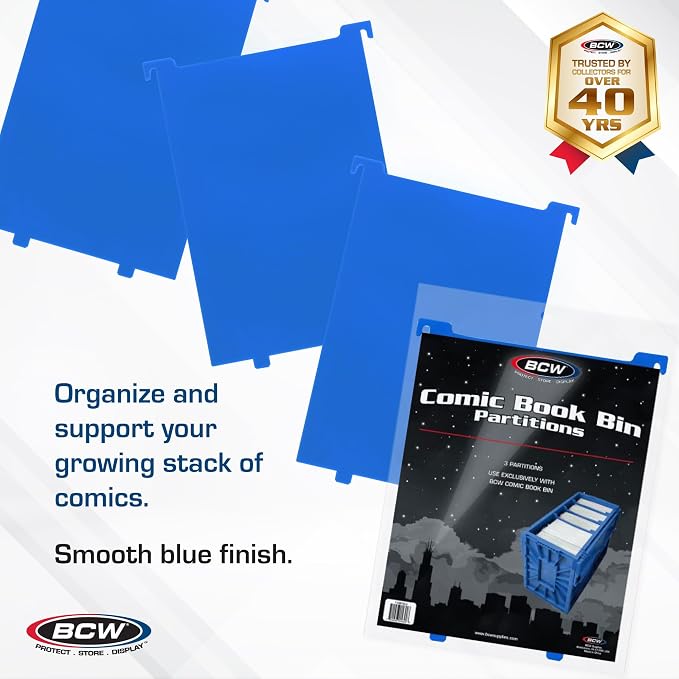 BCW Comic Bin Partitions | Exclusive Organizer for Short and Long Comic Book Bins | Notched, Tabbed, and Structurally Supportive Dividers (Blue, 3 Pack)