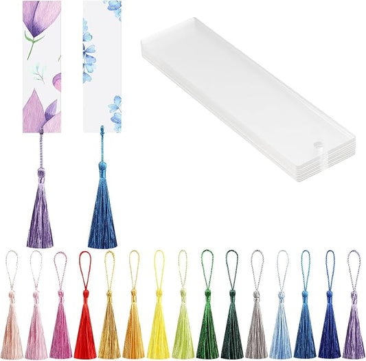 30 Pcs Acrylic Bookmark Blanks Bulk Clear Book Marks Kit with 30 Pcs Colorful Tassels Transparent Reading Book Page Mark Tags Set DIY Crafts Arts Projects Rectangle