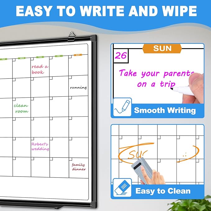 2 Month Whiteboard Dry Erase Calendar for Wall, 36" X 24" Magnetic Calendar Whiteboard for Wall, Wall Hanging Aluminum Frame with Tray for Home, School, Office