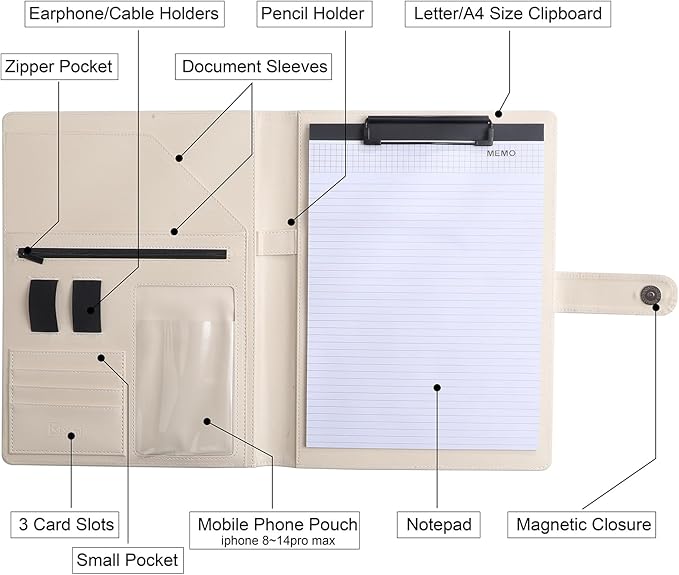 12.8 * 9.6 inch Portfolio Case Business Padfolio, Smart Phone is Usable in Document Organizer, Conference File Folder with A4/Letter Size Clipboard and Notepad - Beige