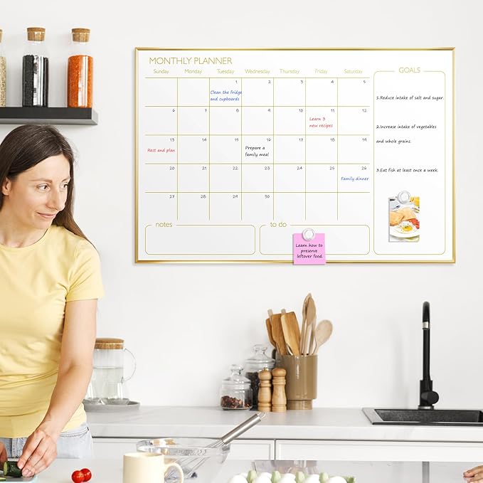 Large Dry Erase Calendar Whiteboard for Wall, 36'' x 24'' Monthly White Board Planner with Gold Frame, Magetic Hanging Wipe Board for Home Office School Dorm
