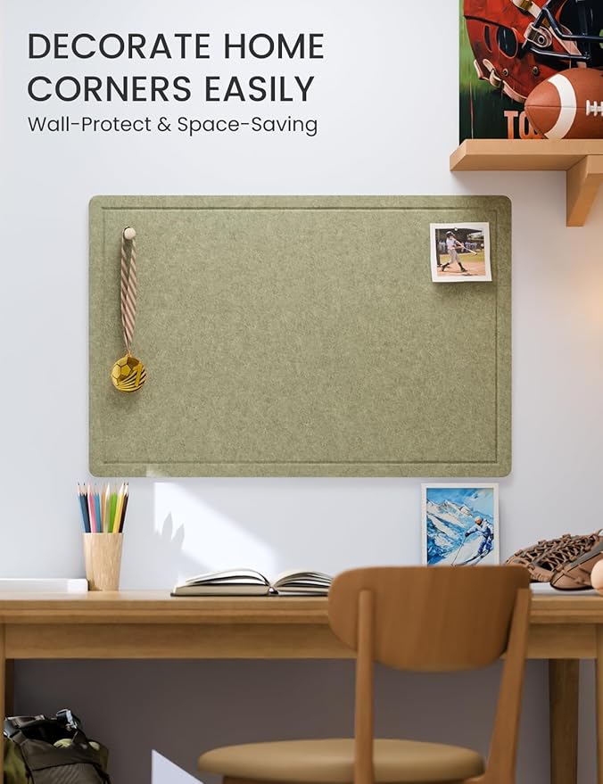 Fluxynara Bulletin Board,35.4" x 23.6" Cork Board Alternative with 12 Safe Removable Adhesive Tabs, Foldable Felt Pin Board for Home Office, Classroom, Bedroom,Entryway for Walls— Olive Green
