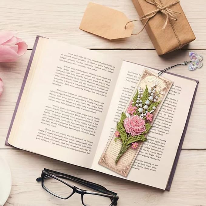 3Pcs DIY Diamond Art Painting Bookmarks with Colorful Butterfly Pendant PET Bookmark Ornament Double Sided Pattern Single Sided Diamond Book Marker Clip Gifts Tags-Pink Rose