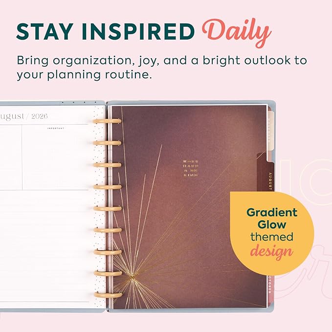 Happy Planner Disc Bound Planner July 2026–June 2027, Includes 3 Extra Months and 2 Sticker Sheets, Classic Size, 7" x 9.25", Horizontal Layout, Gradient Glow