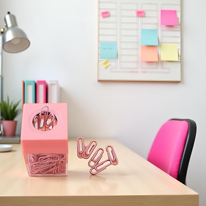 Pink Paper Cilp Dispenser Holder Clear Acrylic Organizers with Magnetic Top for Desk Cute Office Binder Clip, Paper Clip Holders
