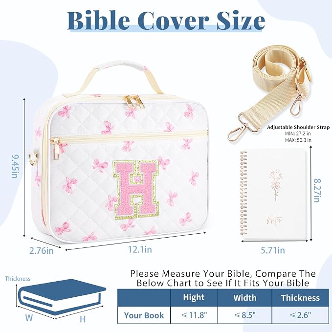 Personalized Initial Bible Cover Case for Women, Large Quilted Bible Bag with Durable Handle, Stylish Church Bag Journaling Kit with Study Supplies Accessories, Christians Gifts for Women (Pink-H)