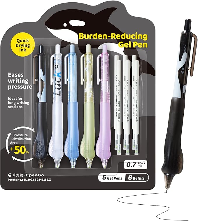0.7mm Fine Point Gel Pens with Ergonomic Grip - Smooth Writing Black Ink, Retractable Click Pen, 5 Pens + 6 Refills Pack, Great Gift for Office, School, Nurses & Adults
