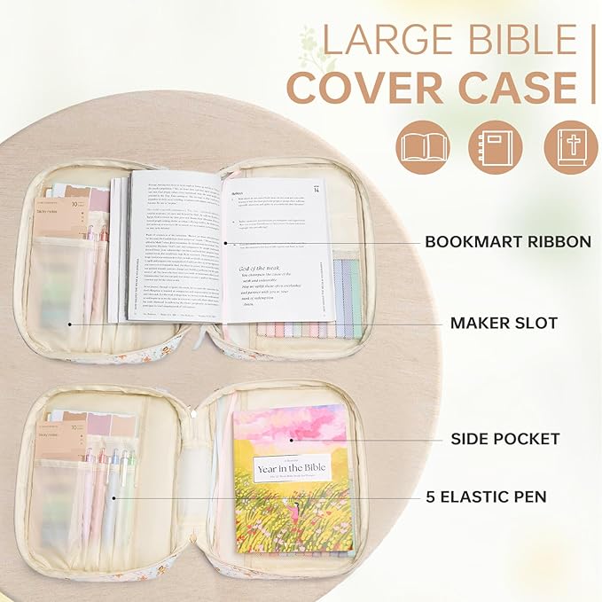 Bible Cover Case for Women Large Bible Cover with Durable Handle Quilted Bible Carrying Case for Girls Bible Study Supplies Accessories (Wildflower Meadow, Wildflower Meadow)