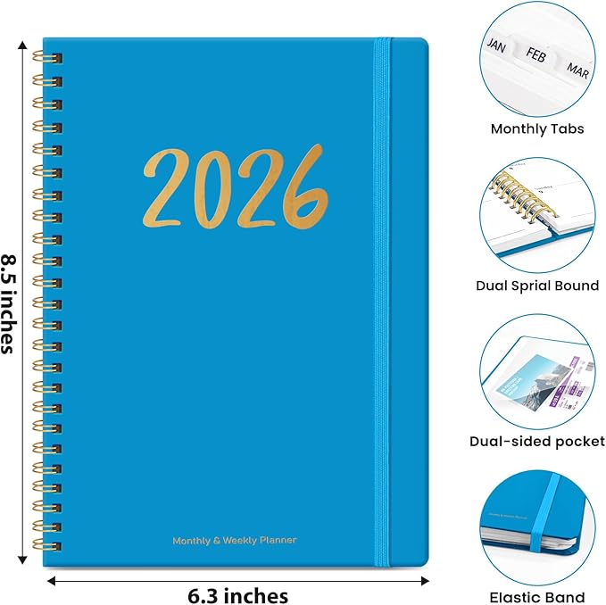 2026 Planner - Weekly and Monthly Planner, January 2026 to December 2026, Spiral Bound 2026 Calendar Planner Book, Inner Pocket, Perfect for Office Home School Supplies - A5 (6.3" x 8.5"), Azure Blue