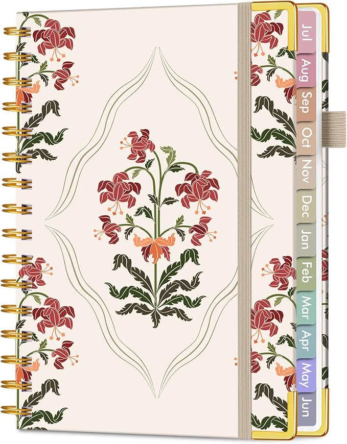 Academic Planner 2026-2027, Hardcover Weekly and Monthly Calendar Planner from July 2026 - June 2027, Daily Agenda Planners with Tabs, College School Organizer for Student Teacher, A5 (6.1" x 8.2"), Beige Bouquet