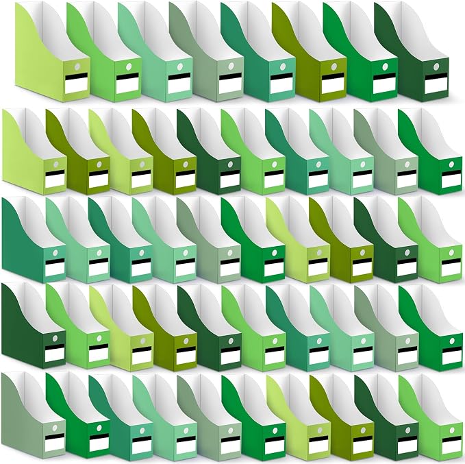 Jutom 48 Sets Magazine File Holders Foldable Cardboard Magazine Holder with White Label Stickers Desktop File Storage Box for Office Home Classroom Desk Document Organization(Green)