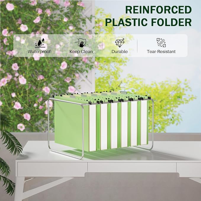 Green Hanging File Folders, 2" Expandable Green File Folders Hanging Folders Expanding Hanging File Folder, Plastic Hanging Files Folders with Tabs & Expandable Bottom, Lette Size, 12 Pack