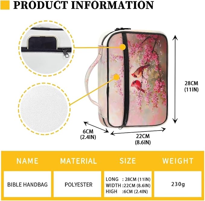 Cardinal Bird Cherry Blossom Print Bible Covers for Men Women Bible Tote Bag Bible Carrying Case Bible Book Protective Bag with Handle and Zippered Pocket