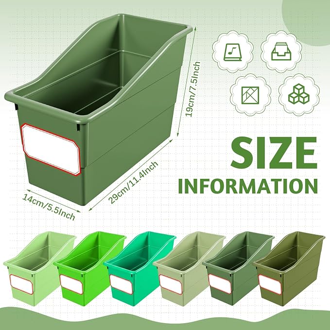Teling 12 Pcs Book Bins Bulk - Plastic Book Storage Bin with Labels for Classroom Interlocking Magazine Holder Organizer Binder Container Box for School Office Desktop Bookshelf Home (Gradient Green)
