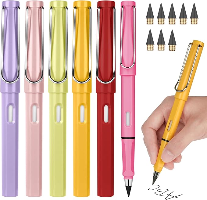 Ainiv Inkless Pencil Forever Pencil, 6 Sets Infinity Pencil Everlasting Pencil with Eraser, Reusable Infinite Pencil with Extra 6 Replaceable Nibs, Endless Pencil for Home Office School Supplies