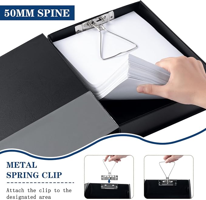Storage File Boxes 6 Pack, Foldable File Boxes with Lid, 50mm Spine, Archives Cases with Magnetic Closure & Clip, Plastic Document File Folder Paper Storage Organizer, Black