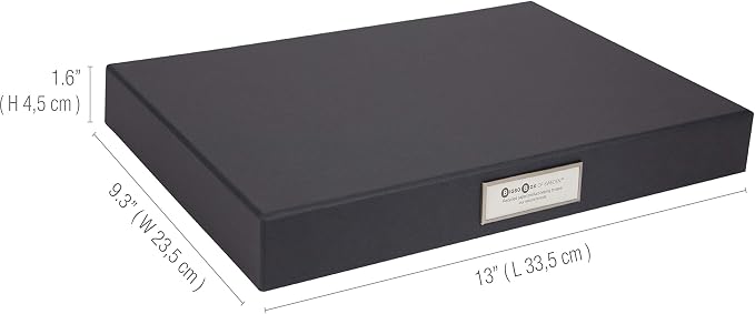 Bigso Sven Fiberboard Classic Hinged Document Box - File Organizer for Important Paperwork - Document Storage Box with Hinged Lid & Metal Label Window - 1.8 in x 13.2 in x 9.3 in - Dark Grey
