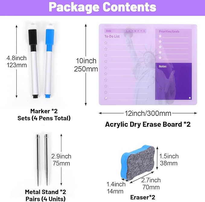 LeMotech Desktop Acrylic Dry Erase Board, 12x10 inches to-Do List Planner, Tabletop Whiteboard with Stand Office Supplies Includes 2 Markers & 1 Eraser, Purple Statue of Liberty Pattern, 2 Pack