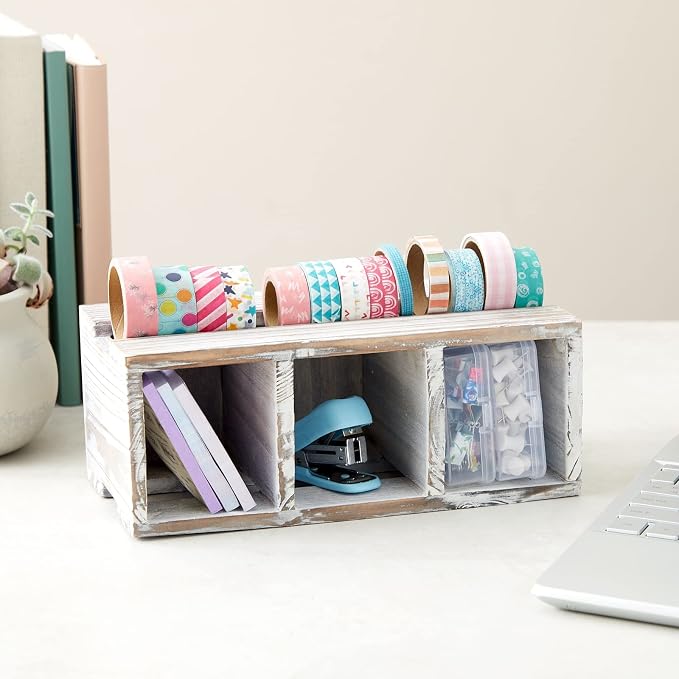 Juvale Farmhouse Decor 3-Compartment Pencil Holder & Desk Organizer - 9.5 x 4.25 x 4 in - Cedarwood Rustic Finish - Rustic Pen Organizer for Office & Classroom