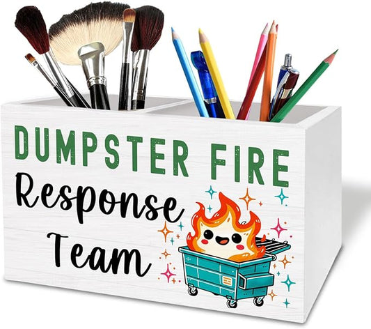 Dumpster Fire Response Team Pen Holder for Desk, Humor Sarcastic Dumpster Fire Wooden Box Sign Desk Decor for Home Office Decoration, Funny Coworker Gifts Pencil Organizer