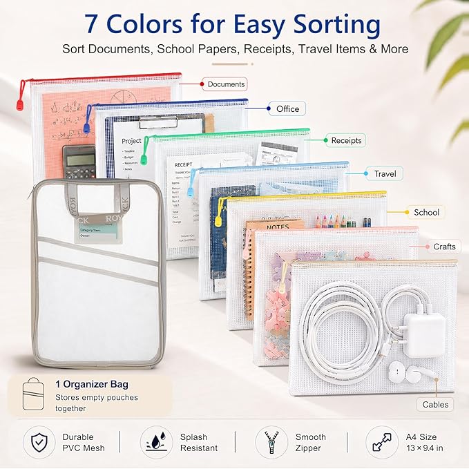 7 Pack PVC Mesh Zipper Pouch Set with 1 Organizer Bag A4/Letter Size Translucent File Bags Water-Resistant Plastic Document Pouches for Office College School & Travel Supplies (8pcs)
