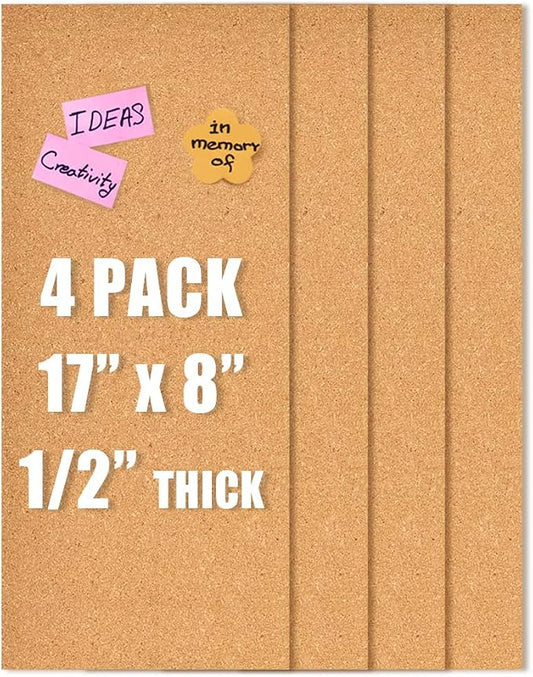 17x8 Cork Board Tiles Bulletin Board, 1/2" Thick Self-Adhesive Cork Boards for Walls, Cork Tiles Vision Board for Home, Office, School, Bulletin Board Decorations(12mm,4pc)