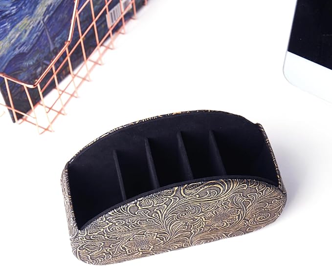 QIELIZI Remote Control Holder, PU Leather Remote Caddy Desktop Organizer with 5 Spacious Compartments for TV Remotes/Media Controllers/Office Supplies (1-Carved Copper Gold