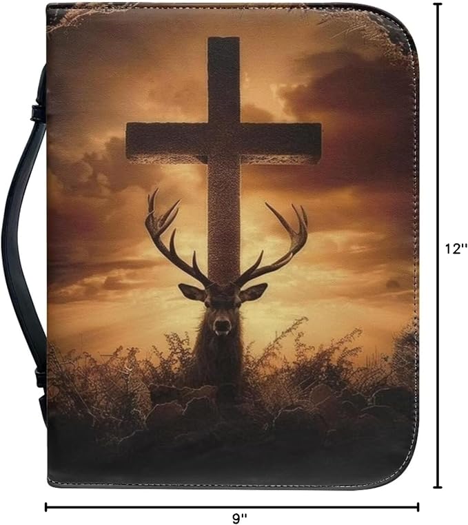 Print PU Bible Cover – Personalized Leatherette Bible Covers and Carrying Case with Handle, Men Bible Case,Deer and Cross,X-Large