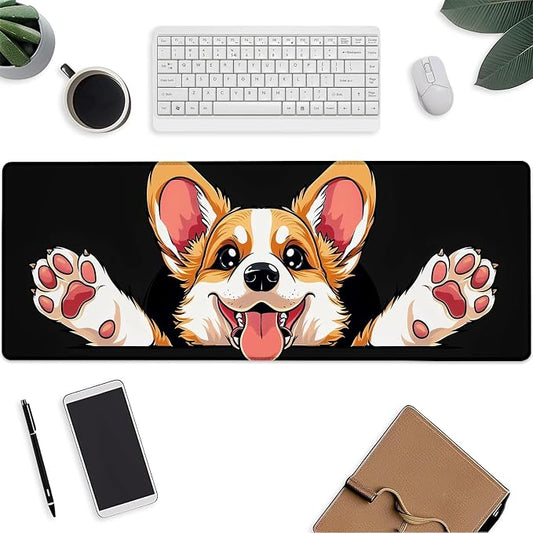 Cute Dog Mouse Pad，Corgi Black Gaming Keyboard Mat，Laptop Computer Protector with Non-Slip Rubber Base，Large Extended MousePads Gifts for Desk Office Home，Deskmat Decor 31.5" x 11.8"