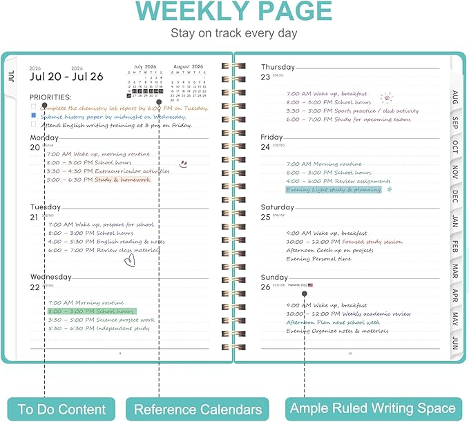 Planner 2026-2027, Weekly and Monthly Academic Year Calendar Planner, July 2026 - June 2027, Daily Agenda Book for Office School Supplies, A5(6.3'' x 8.5'')